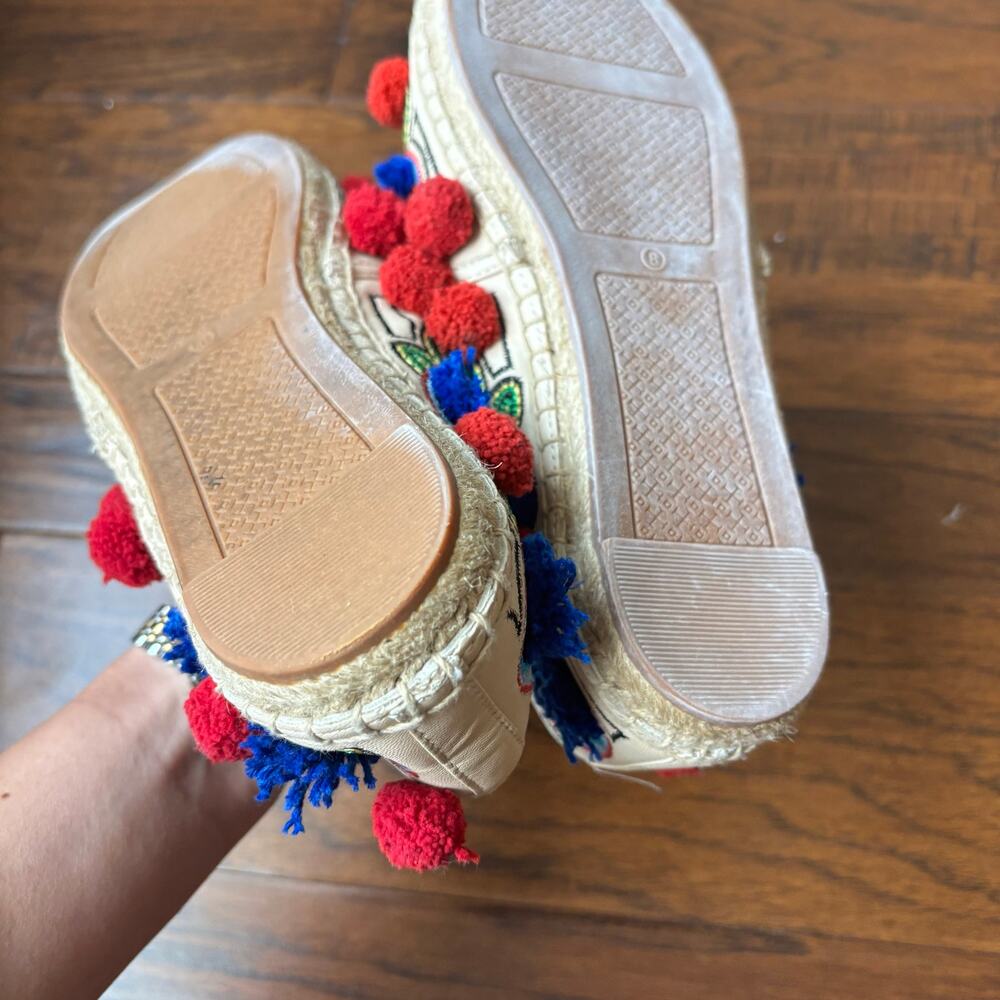 Tory Burch Ellis Pom-pom Embroidered Leather Textile Espadrille Flats Size 8 - Picture 6 of 13